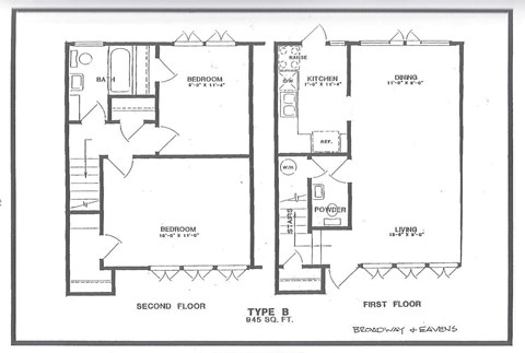 Floor plan for 2 beds, 1.5 baths, 945 sqft